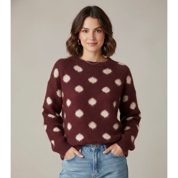 Koan Knitwear Pullover Sweater Large L Mohair Wool Blend Burgundy Red Cream Dot - Picture 1 of 8